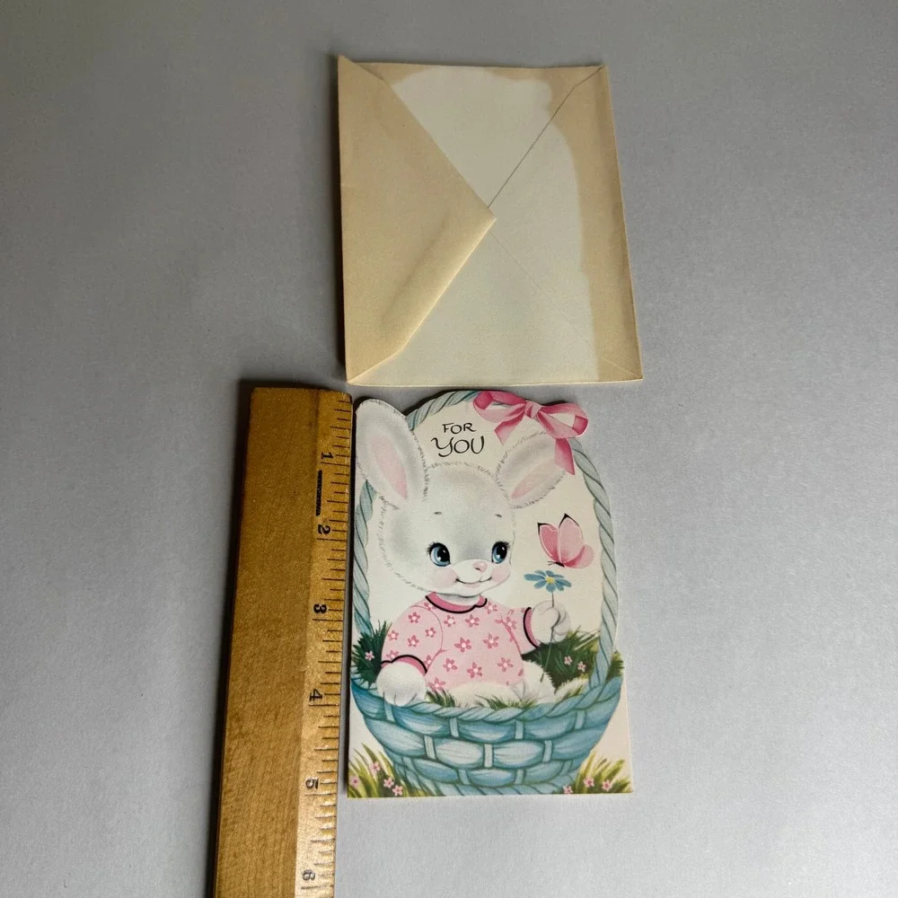 Vintage Norcross Easter Card Bunny Rabbit in‎ Basket Mid Century Unused 5E454